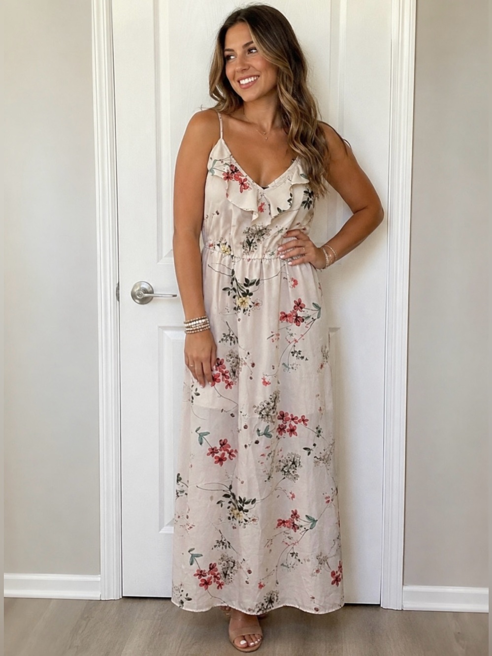Dynamite Cream Floral Tie-Waist Maxi Dress with Pink & Green Accents